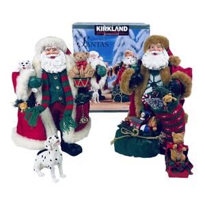NEW Set 2 Fabric Mache SANTA CLAUS Figurines 4pc Dalmatian Dog Cat Holiday Decor